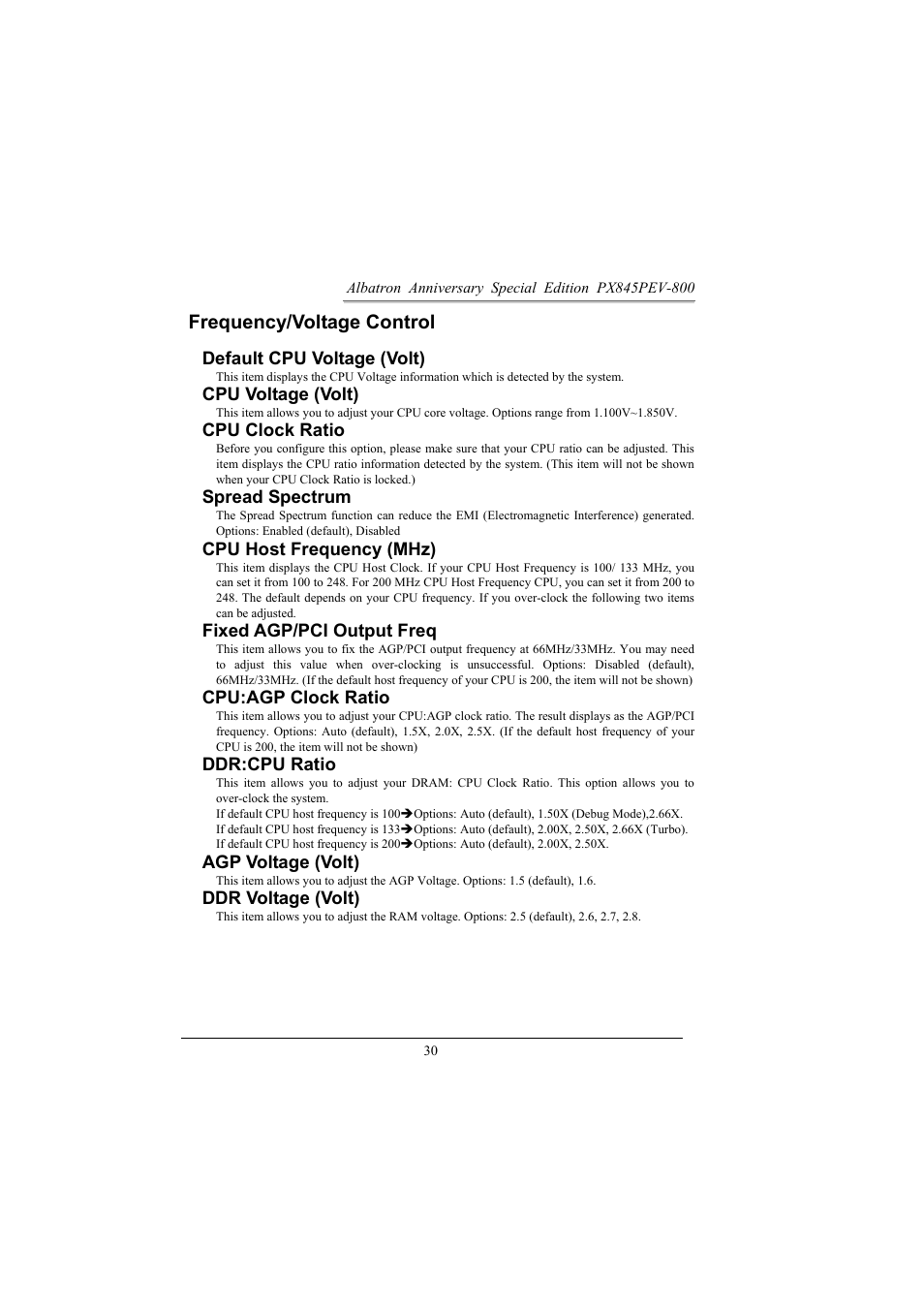 Frequency/voltage control, Default cpu voltage (volt), Cpu voltage (volt) | Cpu clock ratio, Spread spectrum, Cpu host frequency (mhz), Fixed agp/pci output freq, Cpu:agp clock ratio, Ddr:cpu ratio, Agp voltage (volt) | Albatron Technology PX845PEV-800 User Manual | Page 33 / 49