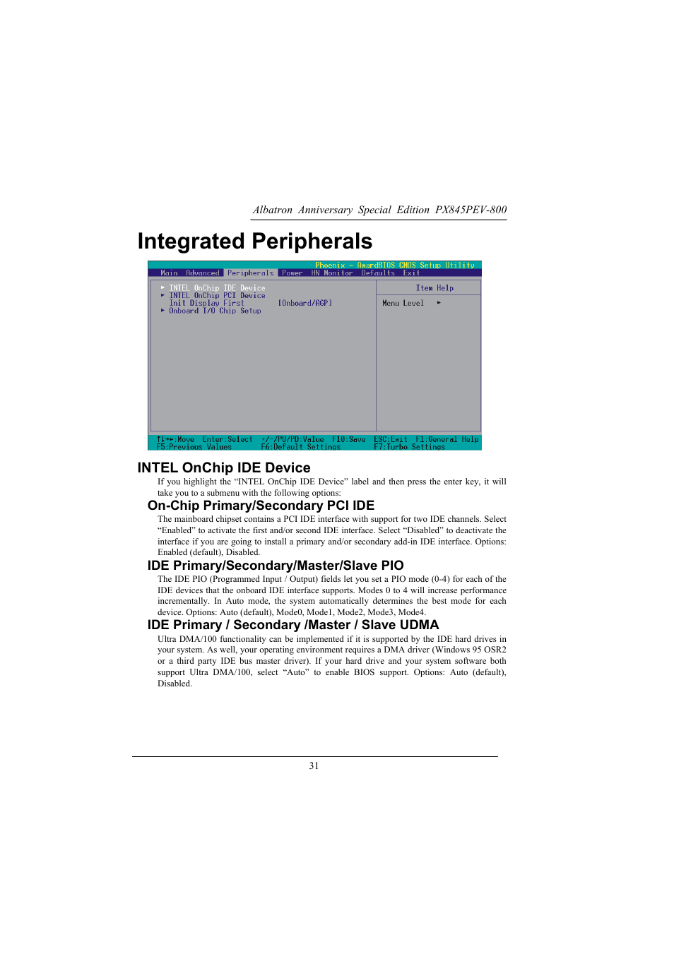 Integrated peripherals, Intel onchip ide device | Albatron Technology PX845PEV-800 User Manual | Page 34 / 49