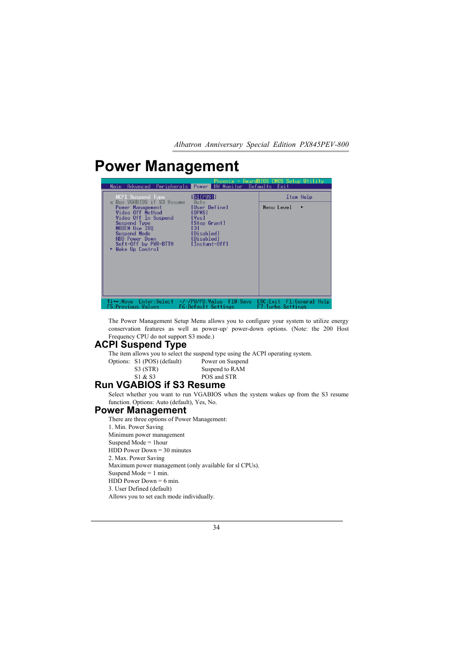 Power management, Acpi suspend type, Run vgabios if s3 resume | Albatron Technology PX845PEV-800 User Manual | Page 37 / 49