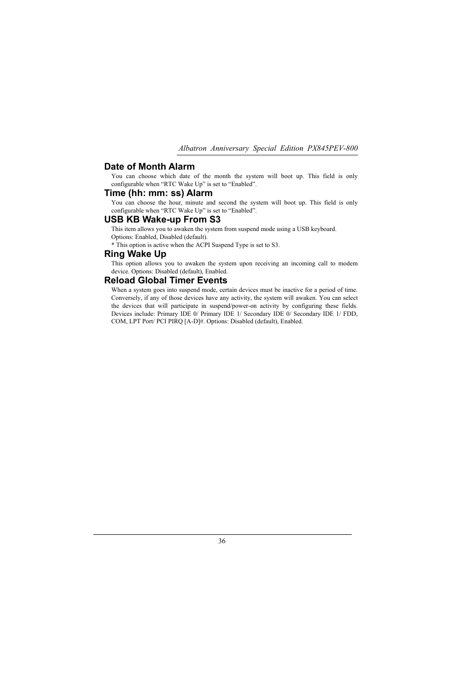 Date of month alarm, Time (hh: mm: ss) alarm, Usb kb wake-up from s3 | Ring wake up, Reload global timer events | Albatron Technology PX845PEV-800 User Manual | Page 39 / 49