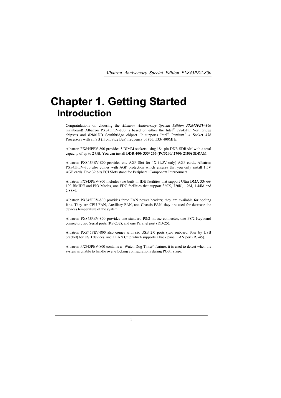 Chapter 1. getting started, Introduction | Albatron Technology PX845PEV-800 User Manual | Page 4 / 49