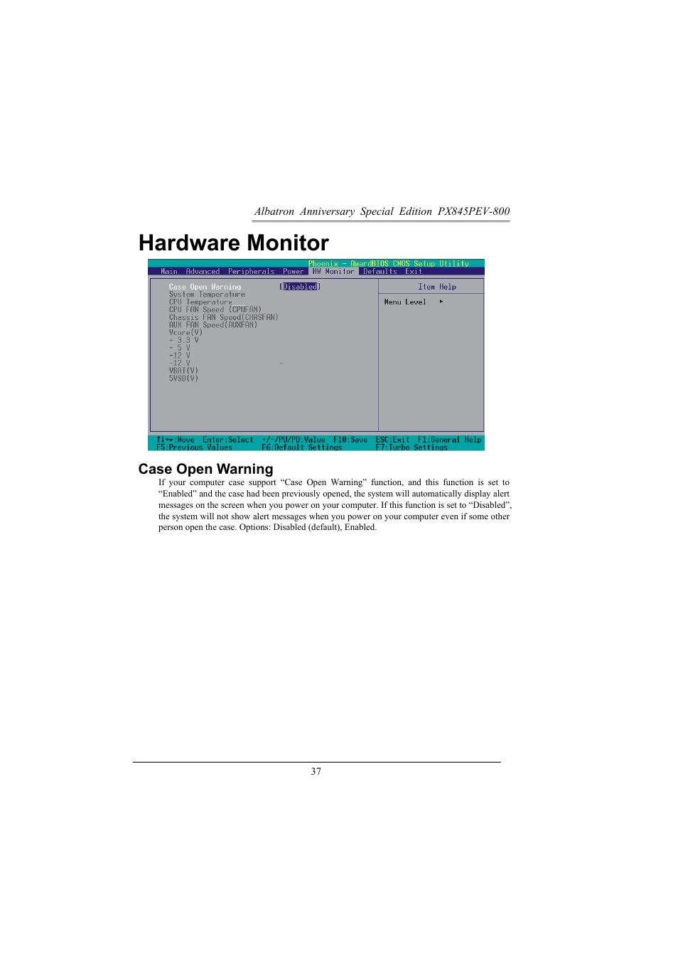 Hardware monitor, Case open warning | Albatron Technology PX845PEV-800 User Manual | Page 40 / 49