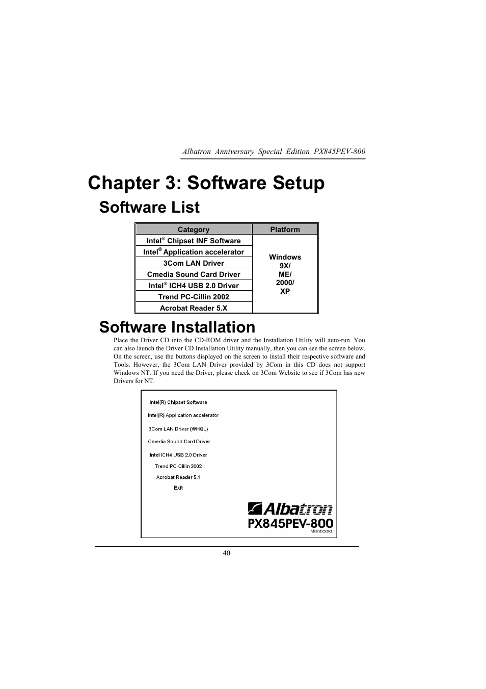 Chapter 3: software setup, Software list, Software installation | Albatron Technology PX845PEV-800 User Manual | Page 43 / 49