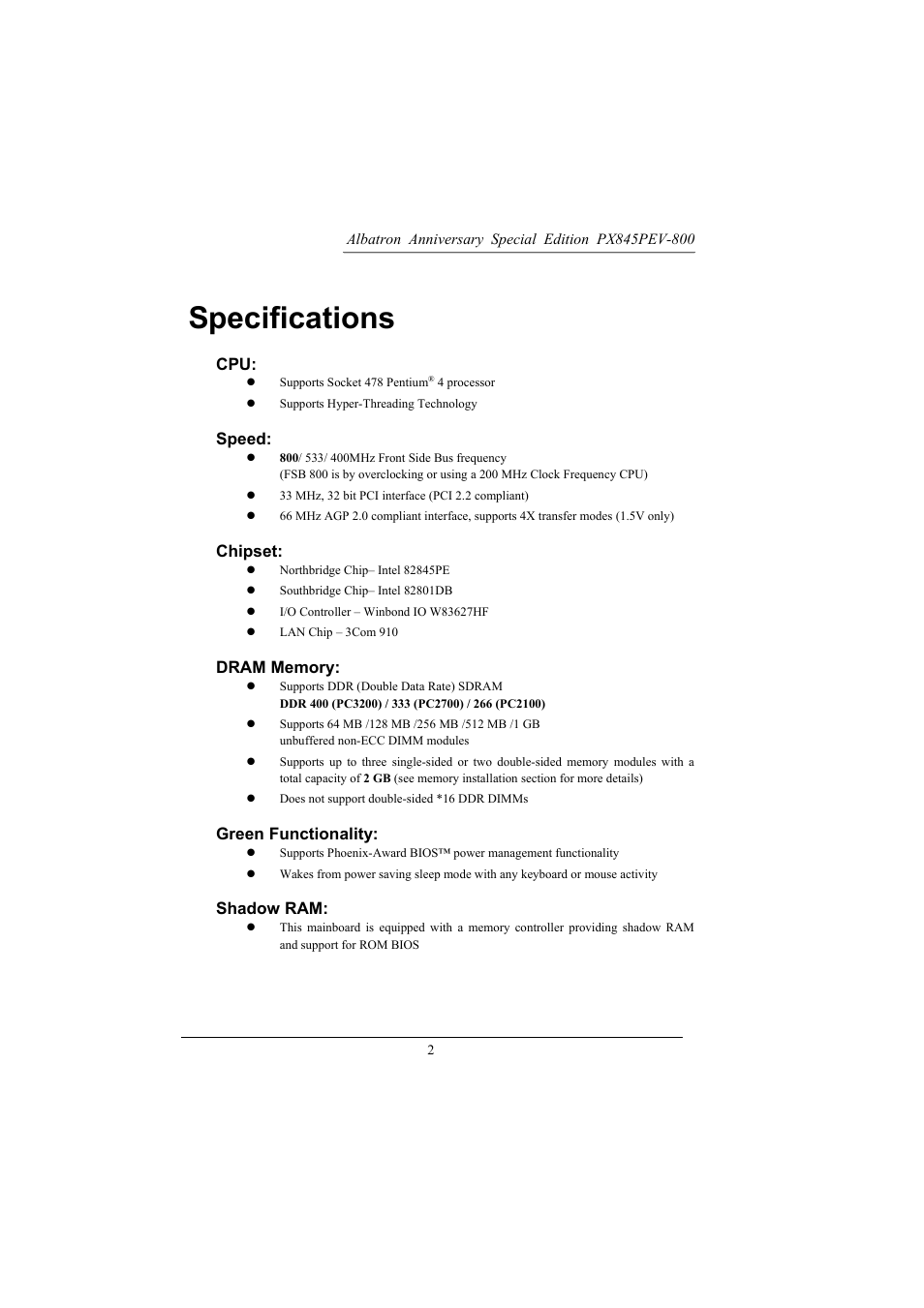 Specifications, Speed, Chipset | Green functionality, Shadow ram | Albatron Technology PX845PEV-800 User Manual | Page 5 / 49