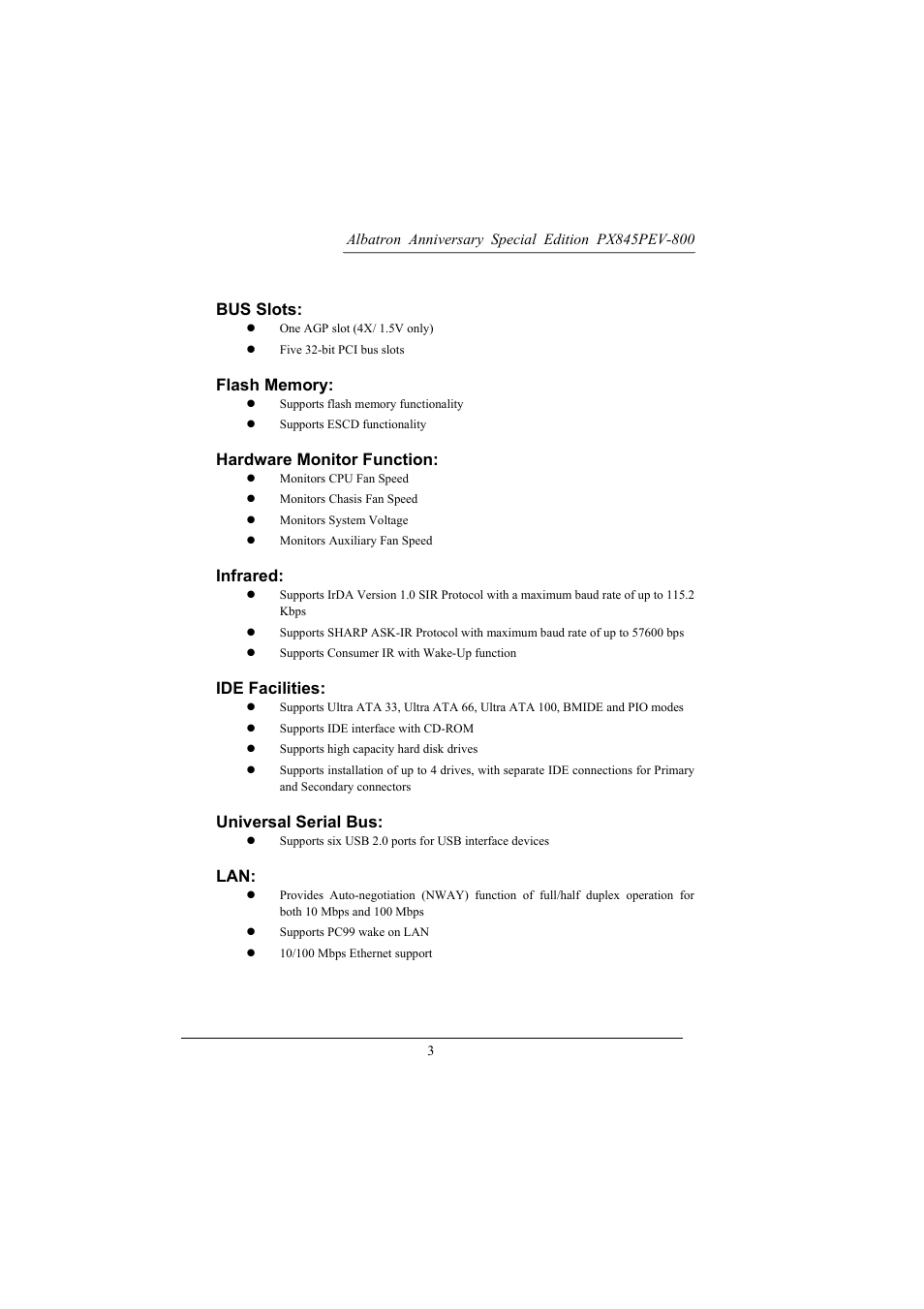 Bus slots, Hardware monitor function, Infrared | Ide facilities, Universal serial bus | Albatron Technology PX845PEV-800 User Manual | Page 6 / 49