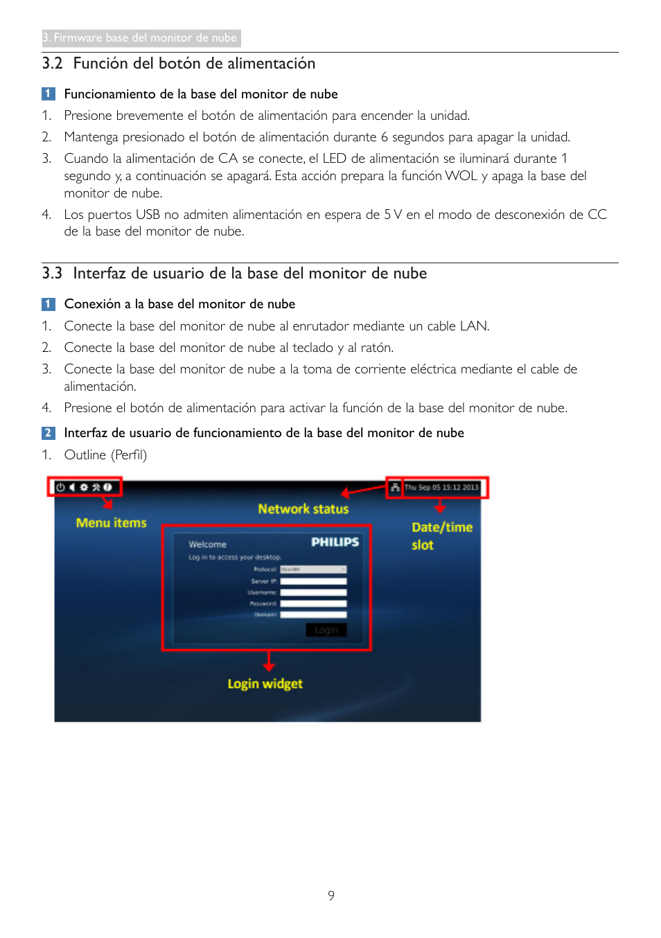 2 función del botón de alimentación, 3 interfaz de usuario de la base del, Monitor de nube | Philips Base de monitor Cloud User Manual | Page 11 / 25