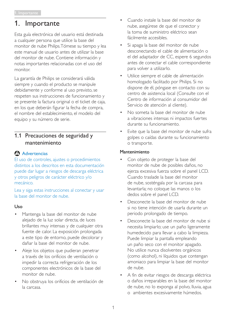 Importante, 1 precauciones de seguridad y mantenimiento, 1 precauciones de seguridad y | Mantenimiento | Philips Base de monitor Cloud User Manual | Page 3 / 25