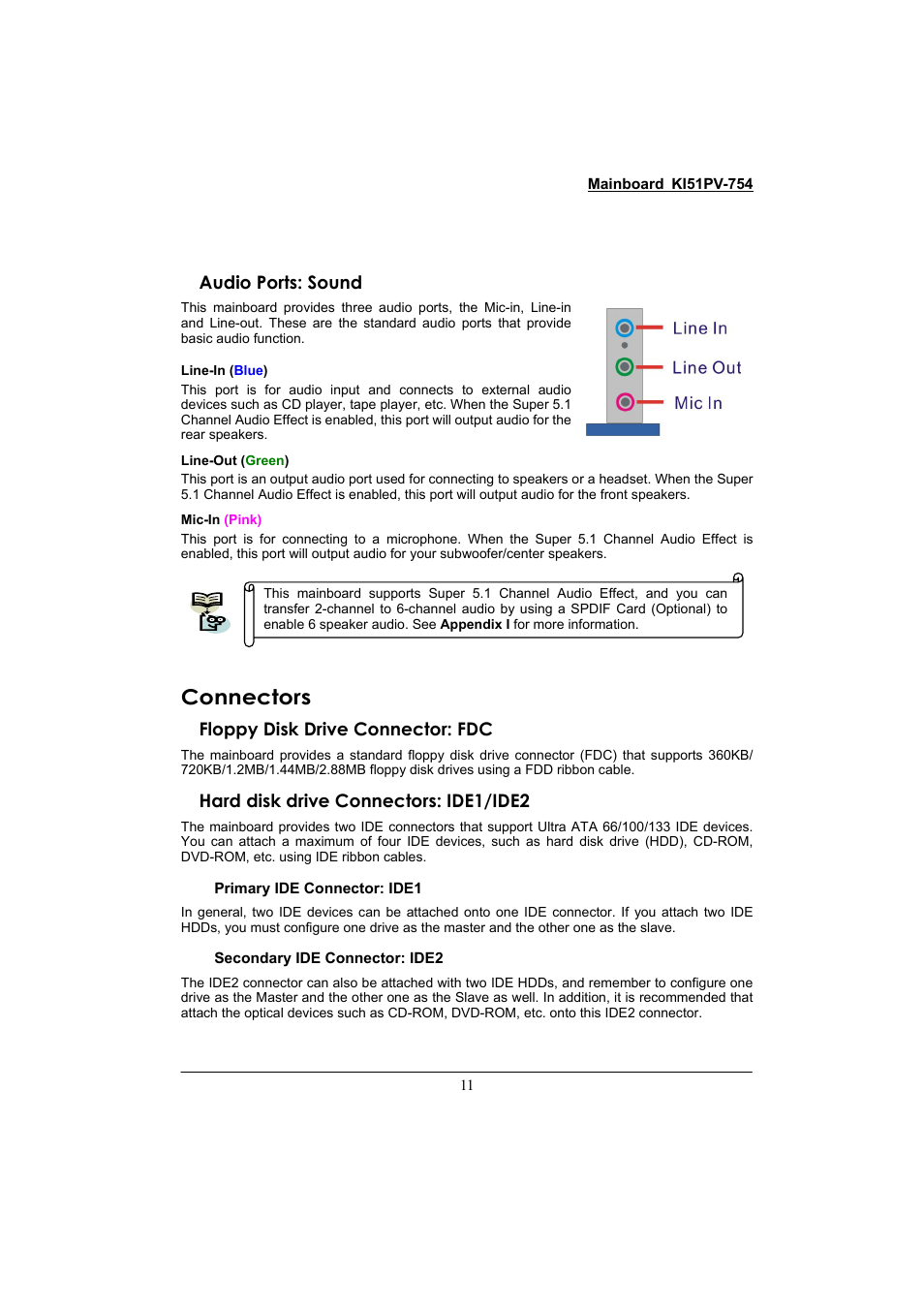 Connectors, Audio ports: sound, Floppy disk drive connector: fdc | Hard disk drive connectors: ide1/ide2 | Albatron Technology KI51PV-754 User Manual | Page 15 / 58