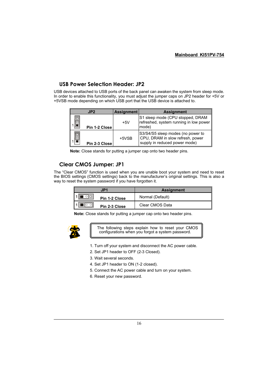 Usb power selection header: jp2, Clear cmos jumper: jp1 | Albatron Technology KI51PV-754 User Manual | Page 20 / 58