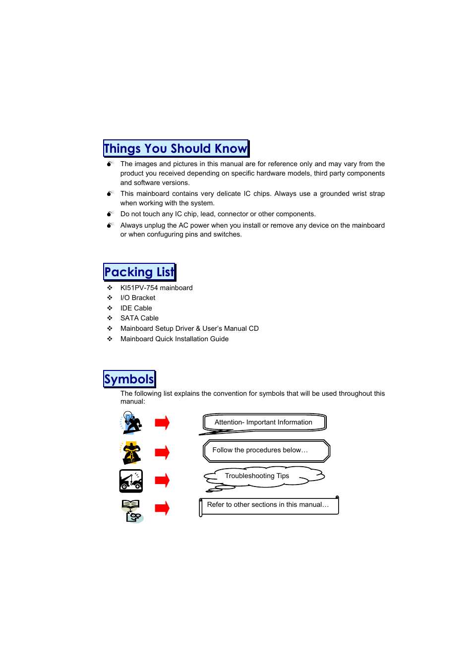 Things you should know, Packing list, Symbols | Albatron Technology KI51PV-754 User Manual | Page 3 / 58