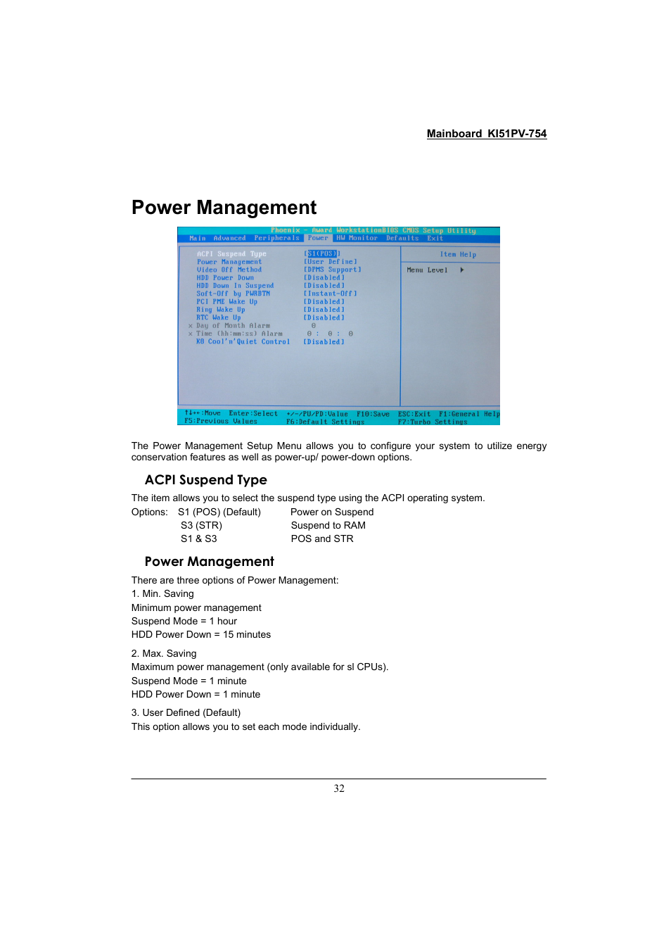Power management, Acpi suspend type | Albatron Technology KI51PV-754 User Manual | Page 36 / 58