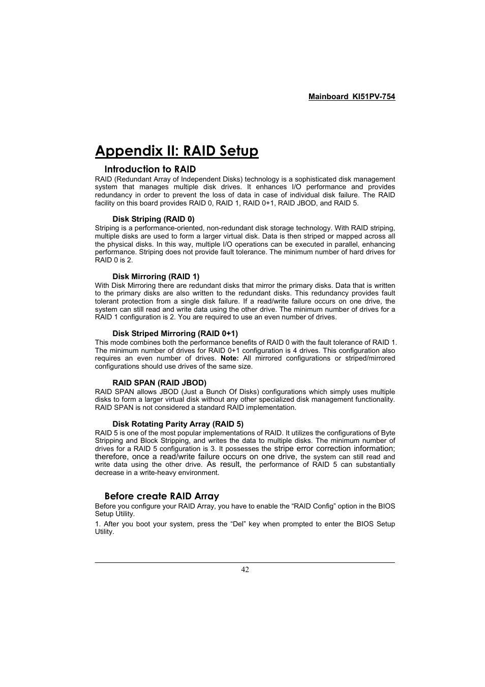 Appendix ii: raid setup, Introduction to raid, Before create raid array | Albatron Technology KI51PV-754 User Manual | Page 46 / 58