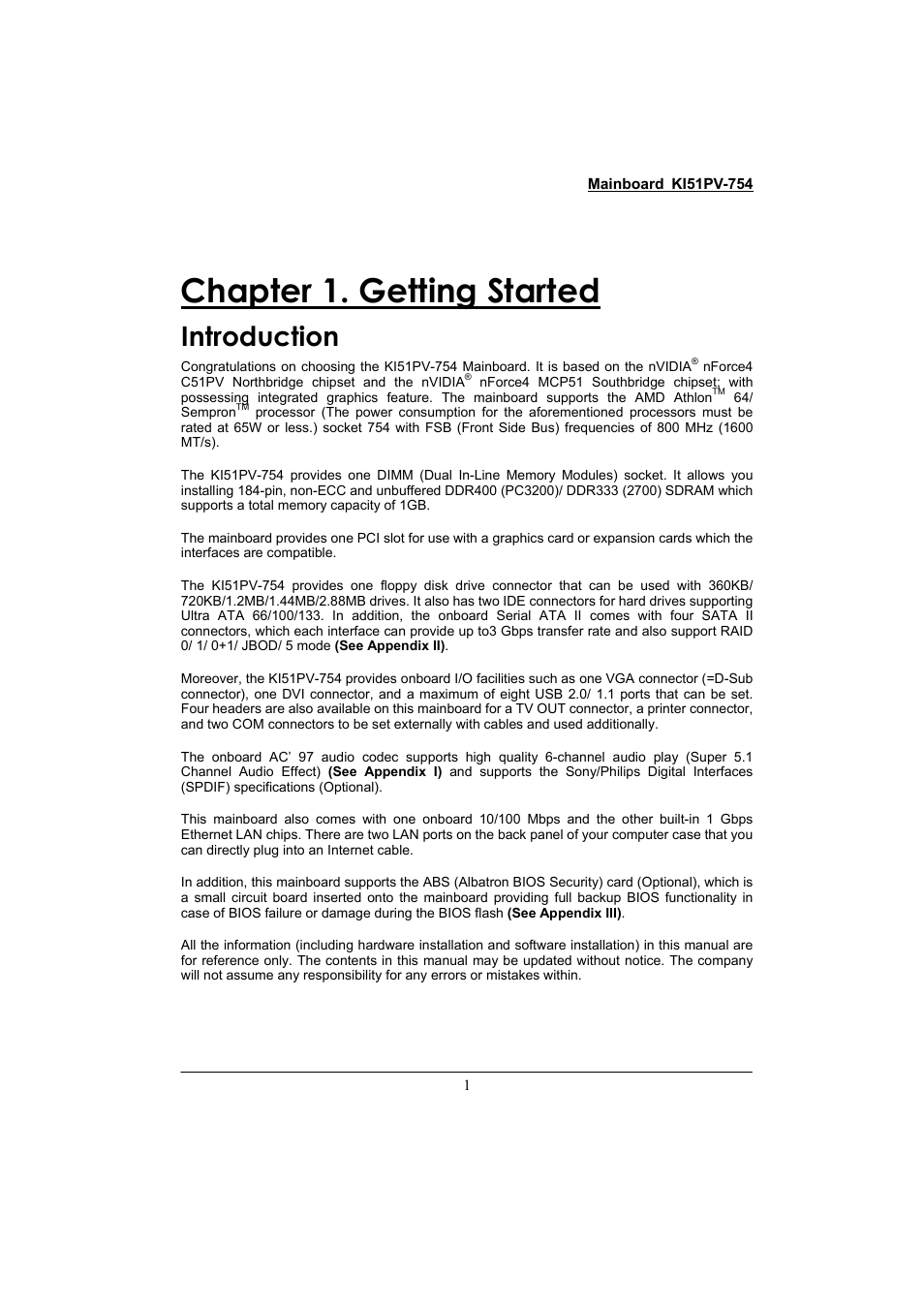 Chapter 1. getting started, Introduction | Albatron Technology KI51PV-754 User Manual | Page 5 / 58