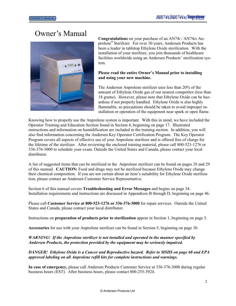 Owner’s manual | Andersen Windows & Doors AN74I User Manual | Page 2 / 85