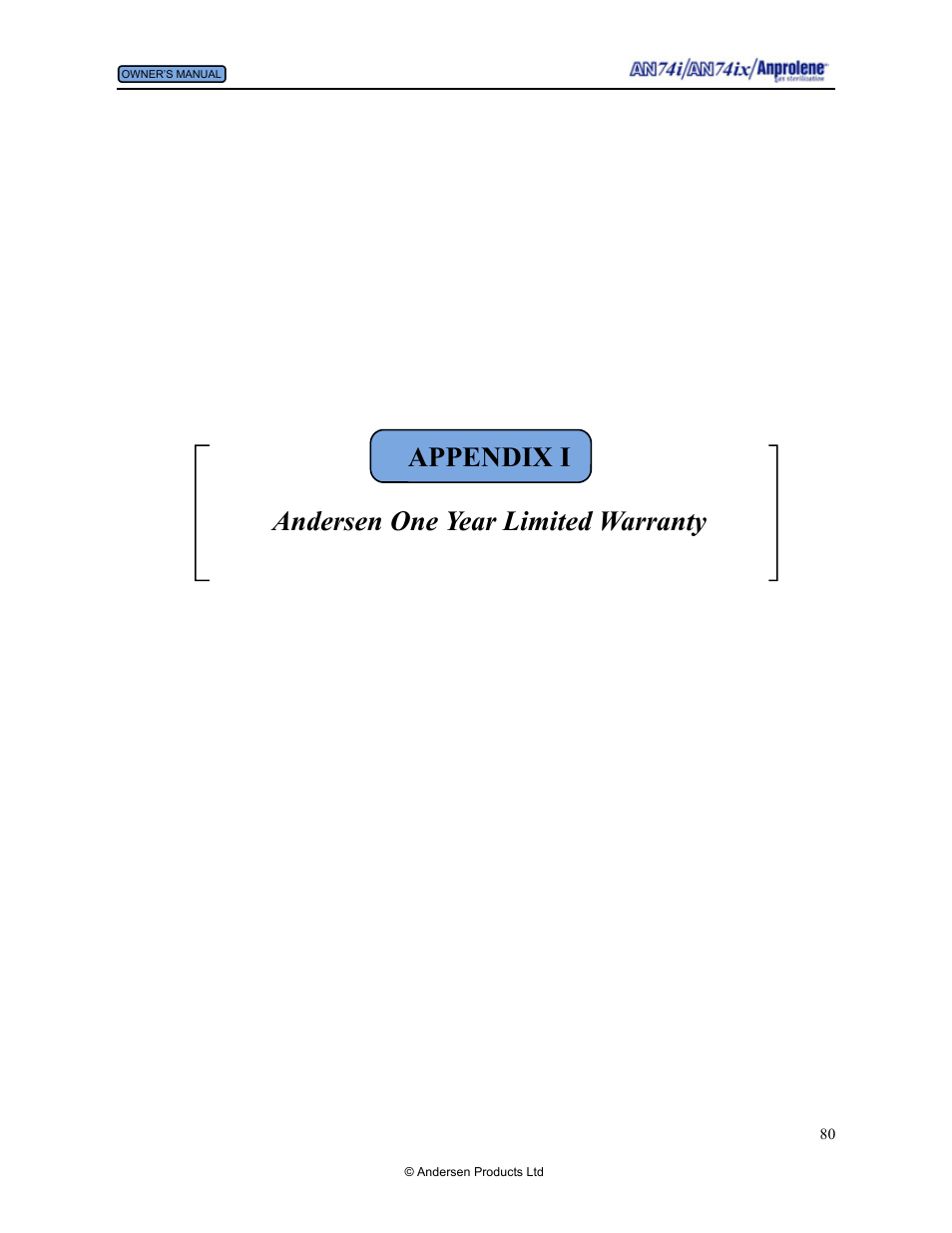 Appendix i andersen one year limited warranty | Andersen Windows & Doors AN74I User Manual | Page 80 / 85