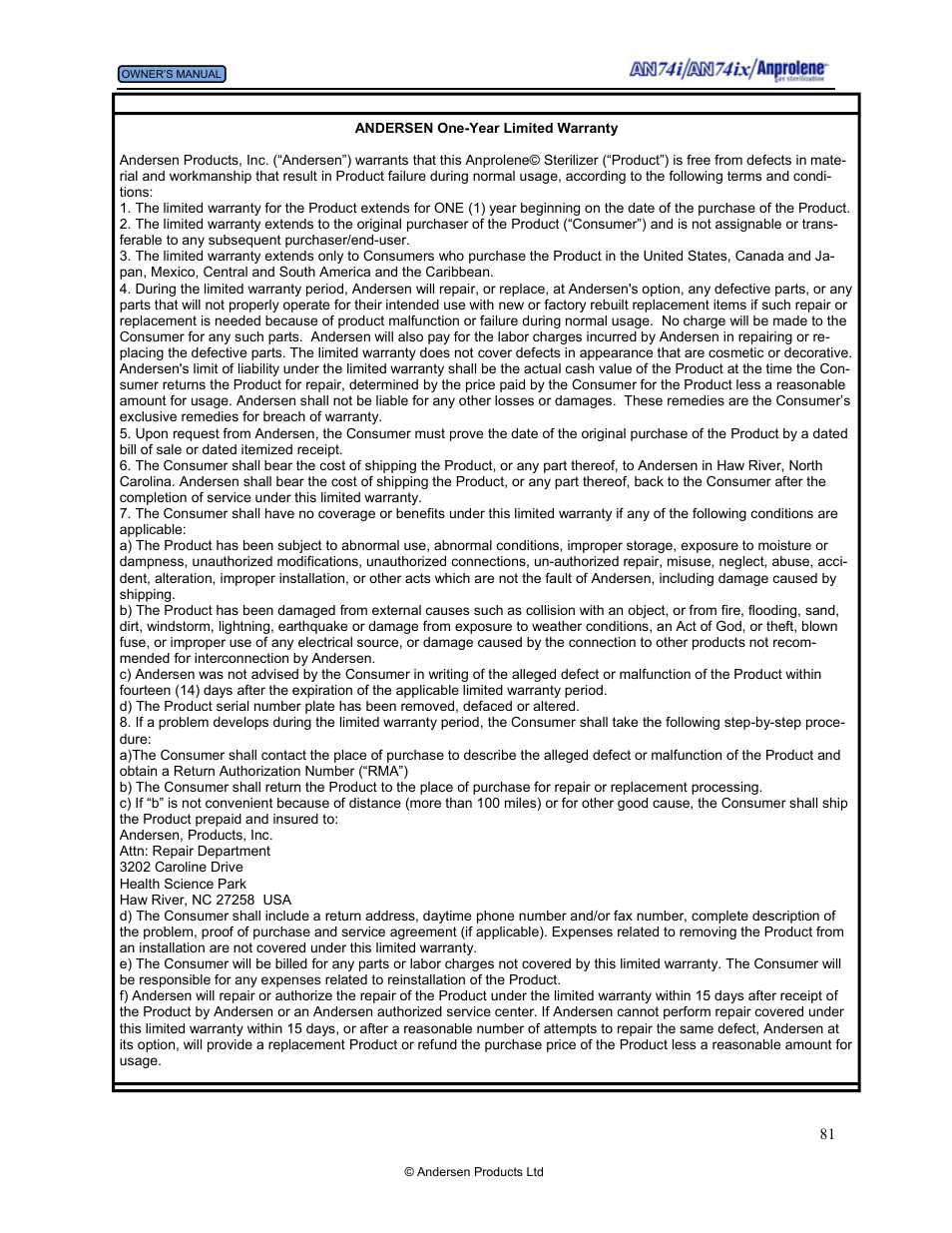 Warranty | Andersen Windows & Doors AN74I User Manual | Page 81 / 85