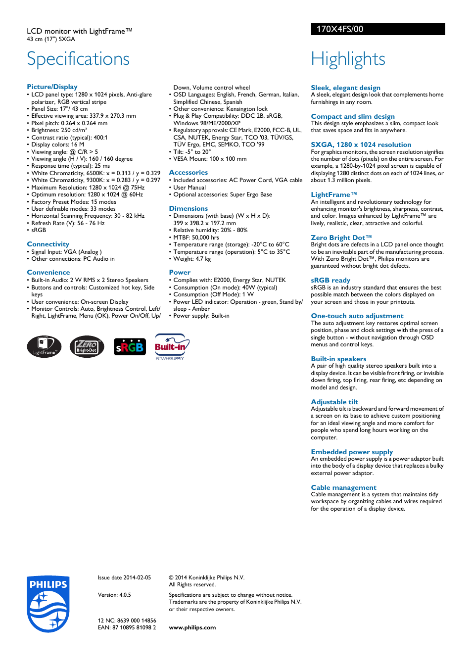 Specifications, Highlights | Philips 170X4FS User Manual | Page 2 / 2