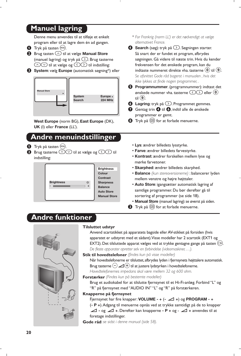 Manuel lagring andre menuindstillinger, Andre funktioner | Philips TV User Manual | Page 20 / 64