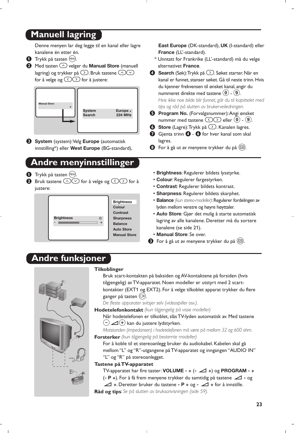 Manuell lagring andre menyinnstillinger, Andre funksjoner | Philips TV User Manual | Page 23 / 64