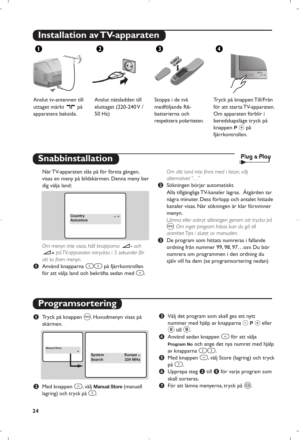 Installation av tv-apparaten, Snabbinstallation programsortering, Жв к | Philips TV User Manual | Page 24 / 64