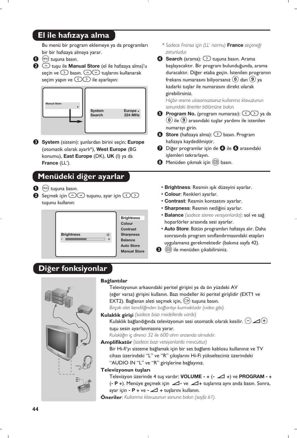 El ile haf›zaya alma menüdeki di¤er ayarlar, Di¤er fonksiyonlar | Philips TV User Manual | Page 44 / 64