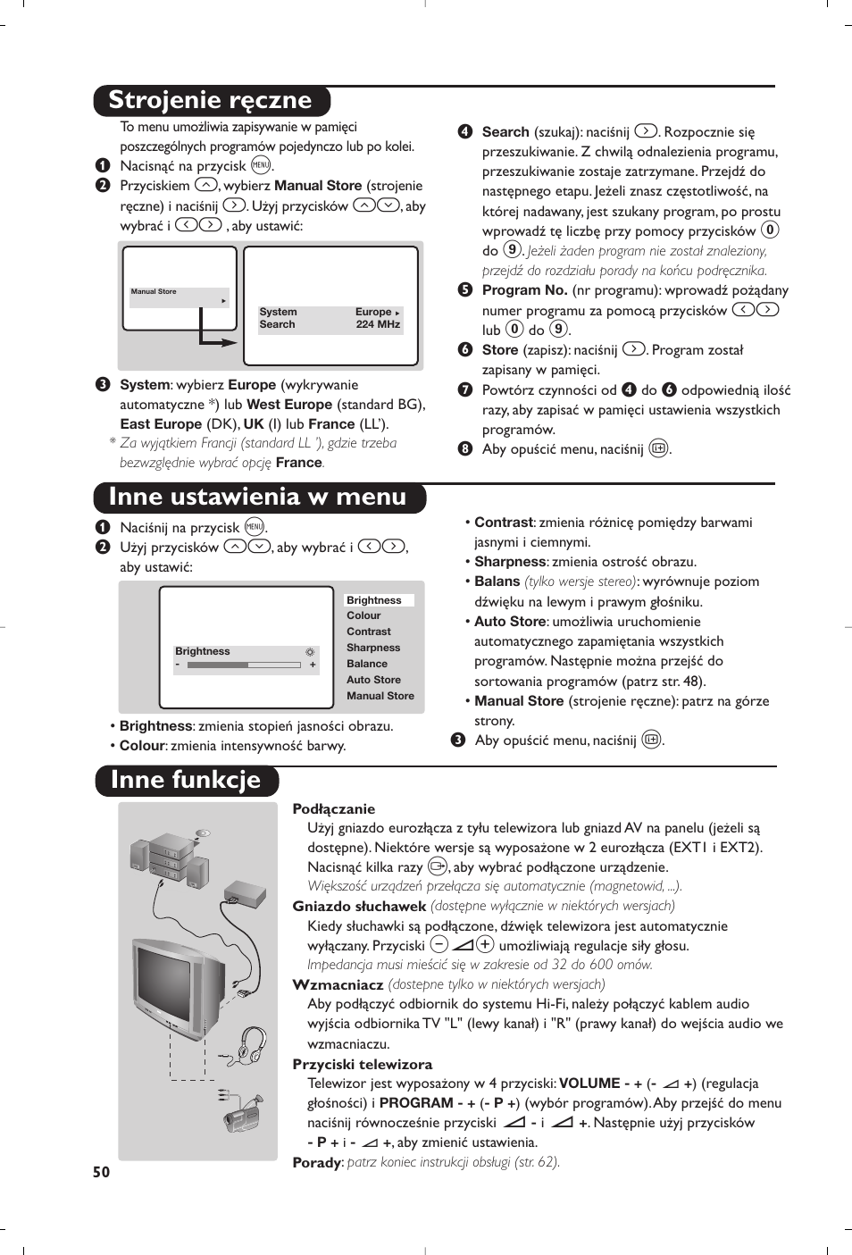 Strojenie ręczne inne ustawienia w menu, Inne funkcje | Philips TV User Manual | Page 50 / 64