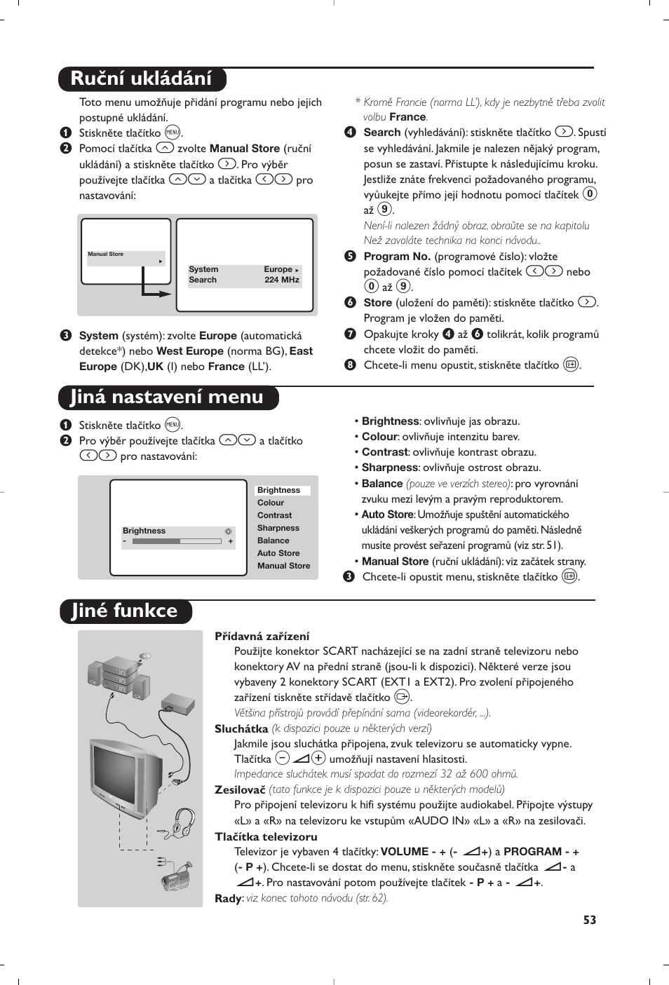 Ruční ukládání jiná nastavení menu, Jiné funkce | Philips TV User Manual | Page 53 / 64