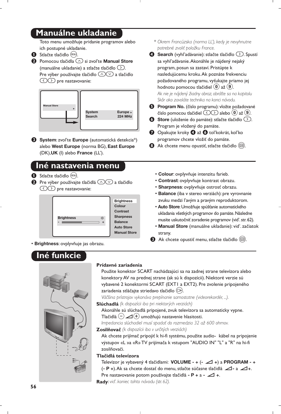 Manuálne ukladanie iné nastavenia menu, Iné funkcie | Philips TV User Manual | Page 56 / 64