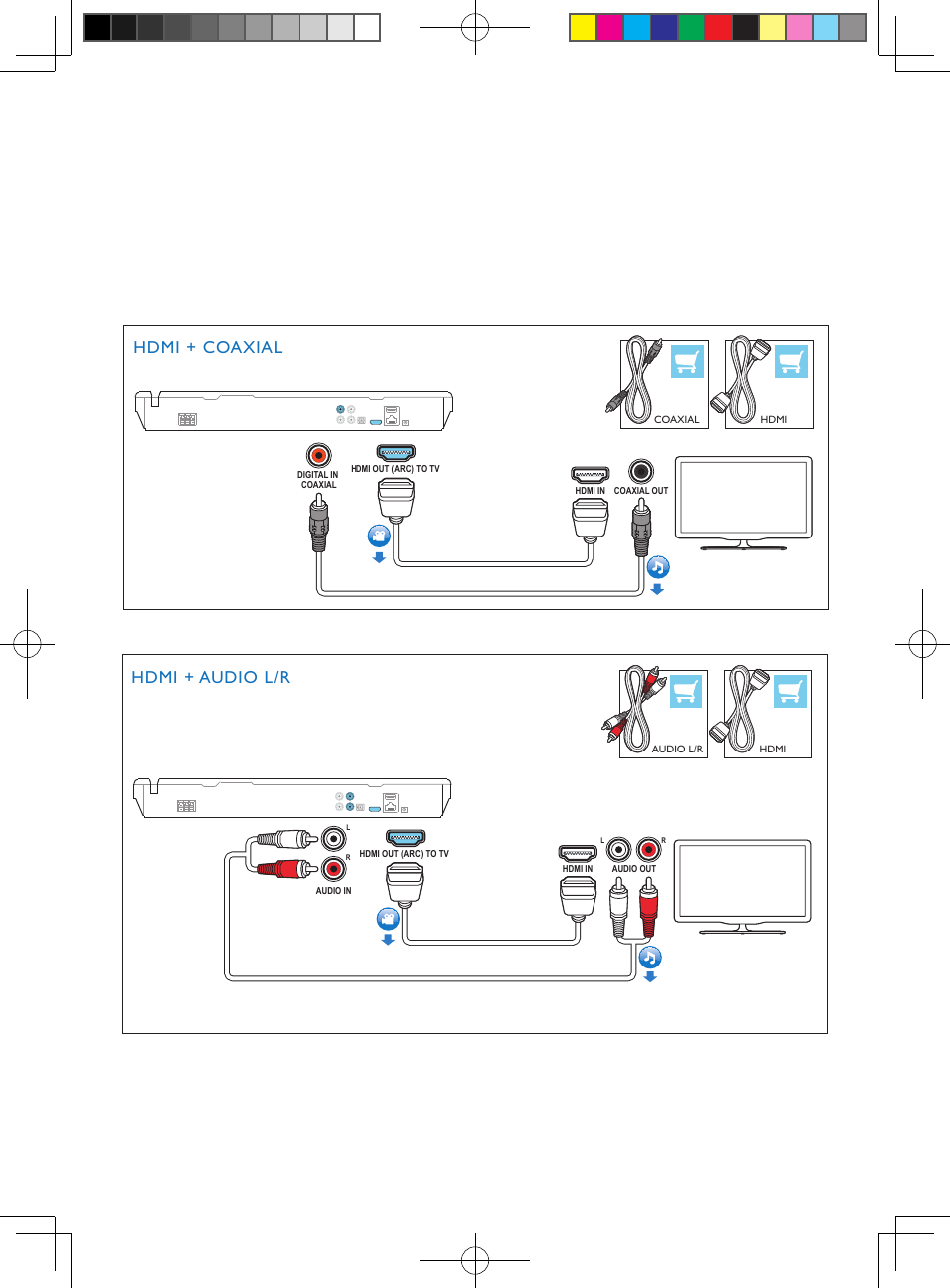 Hdmi arc hdmi + optical, Hdmi + audio l/r, Hdmi + coaxial | Philips Sistemas de cine en casa 2.1 User Manual | Page 5 / 12