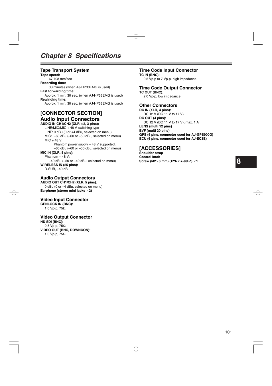 Chapter 8 specifications, Accessories | Anton/Bauer AJ-HDX400E User Manual | Page 101 / 102