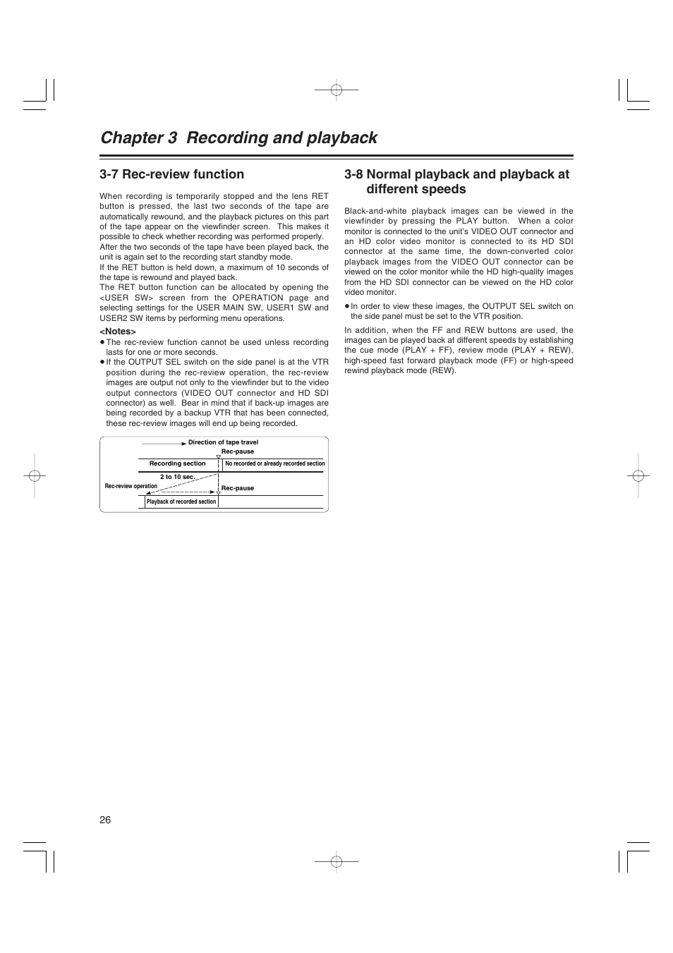 7 rec-review function, 8 normal playback and playback at different speeds, Rec-review function | Normal playback and playback at different speeds, Chapter 3 recording and playback | Anton/Bauer AJ-HDX400E User Manual | Page 26 / 102
