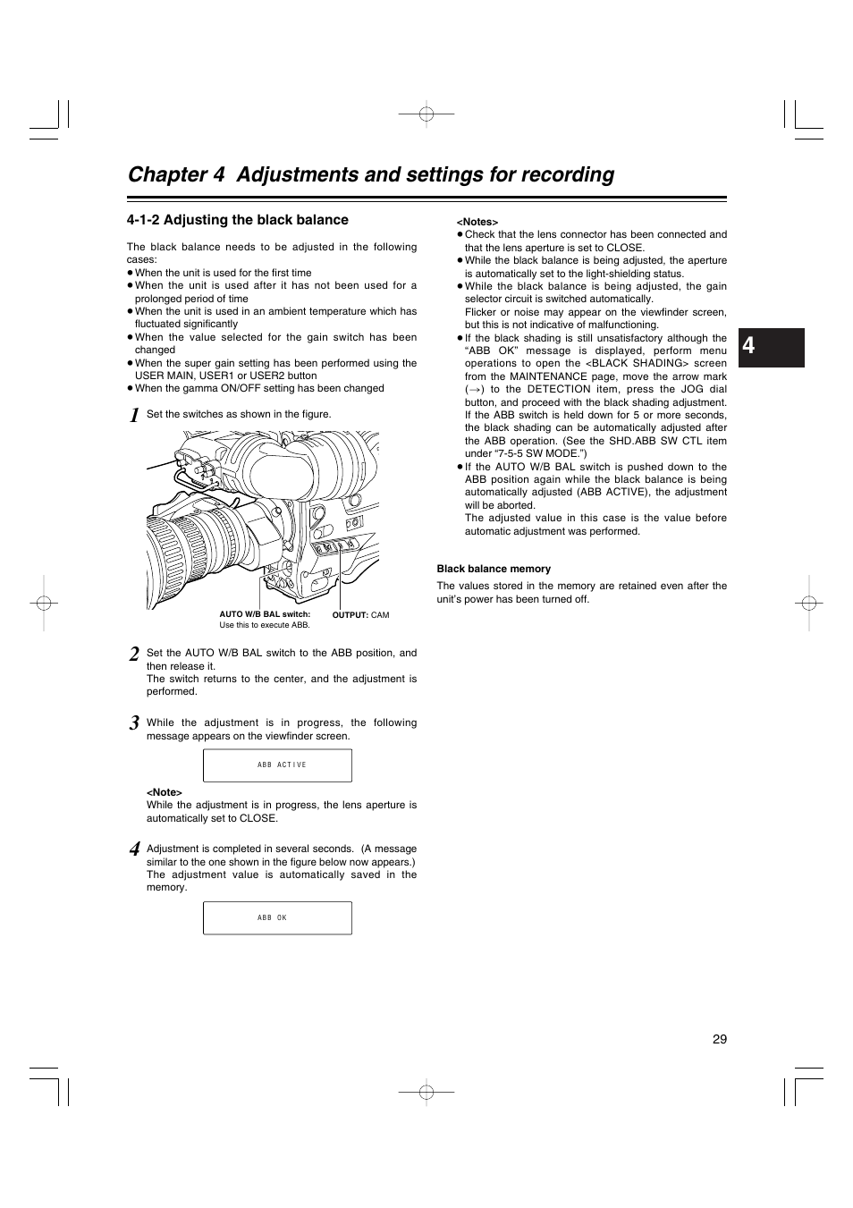 1-2 adjusting the black balance, Adjusting the black balance, Chapter 4 adjustments and settings for recording | Anton/Bauer AJ-HDX400E User Manual | Page 29 / 102