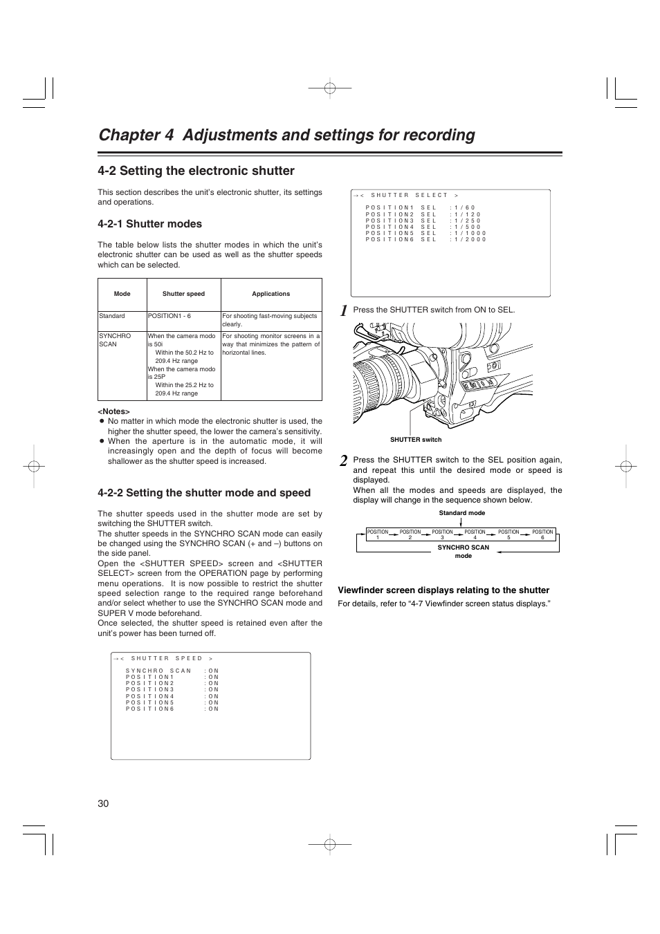 2 setting the electronic shutter, 2-1 shutter modes, 2-2 setting the shutter mode and speed | Setting the electronic shutter, Shutter modes, Setting the shutter mode and speed, Chapter 4 adjustments and settings for recording | Anton/Bauer AJ-HDX400E User Manual | Page 30 / 102