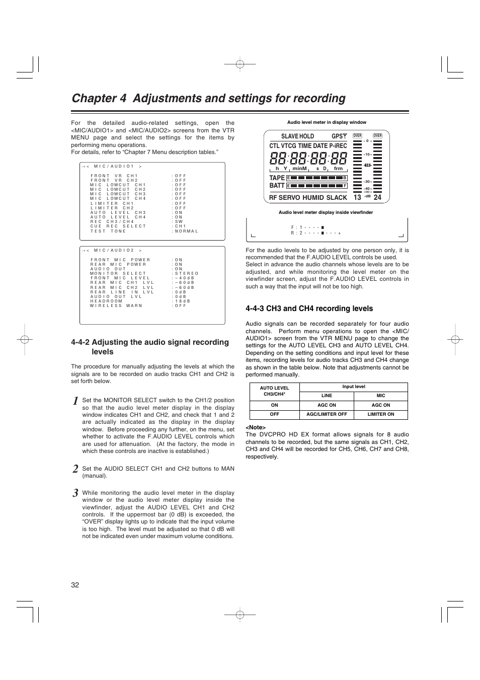 4-2 adjusting the audio signal recording levels, 4-3 ch3 and ch4 recording levels, Adjusting the audio signal recording levels . 32 | Ch3 and ch4 recording levels, Chapter 4 adjustments and settings for recording | Anton/Bauer AJ-HDX400E User Manual | Page 32 / 102