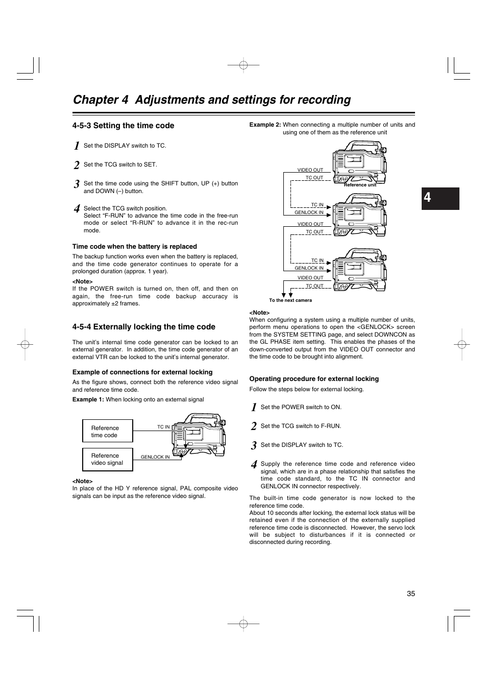 5-3 setting the time code, 5-4 externally locking the time code, Setting the time code | Externally locking the time code, Chapter 4 adjustments and settings for recording | Anton/Bauer AJ-HDX400E User Manual | Page 35 / 102