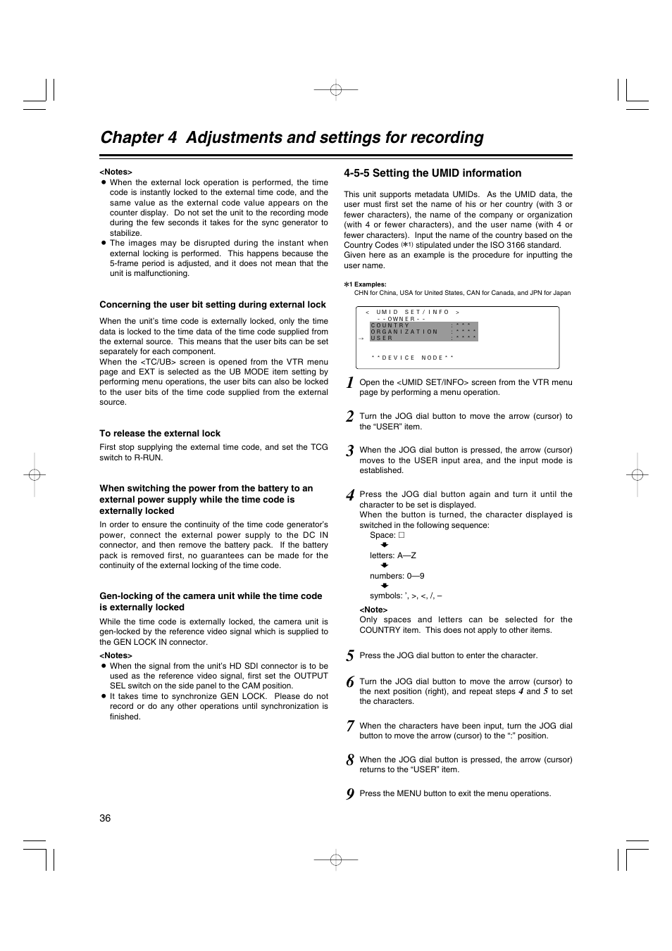 5-5 setting the umid information, Setting the umid information, Chapter 4 adjustments and settings for recording | Anton/Bauer AJ-HDX400E User Manual | Page 36 / 102