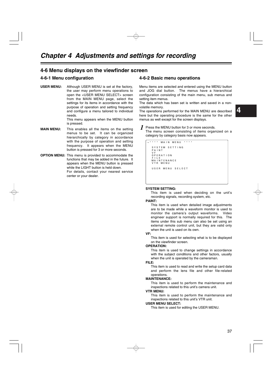6 menu displays on the viewfinder screen, 6-1 menu configuration, 6-2 basic menu opera | Menu displays on the viewfinder screen, Menu configuration, Basic menu operations, Chapter 4 adjustments and settings for recording | Anton/Bauer AJ-HDX400E User Manual | Page 37 / 102