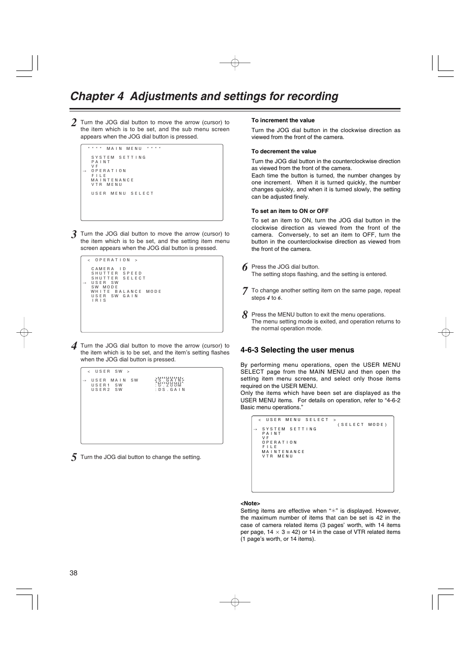 6-3 selecting the user menus, Selecting the user menus, Chapter 4 adjustments and settings for recording | Anton/Bauer AJ-HDX400E User Manual | Page 38 / 102