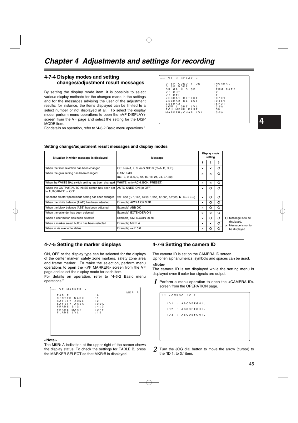 7-5 setting the marker displays, 7-6 setting the camera id, Setting the marker displays | Setting the camera id, Chapter 4 adjustments and settings for recording | Anton/Bauer AJ-HDX400E User Manual | Page 45 / 102