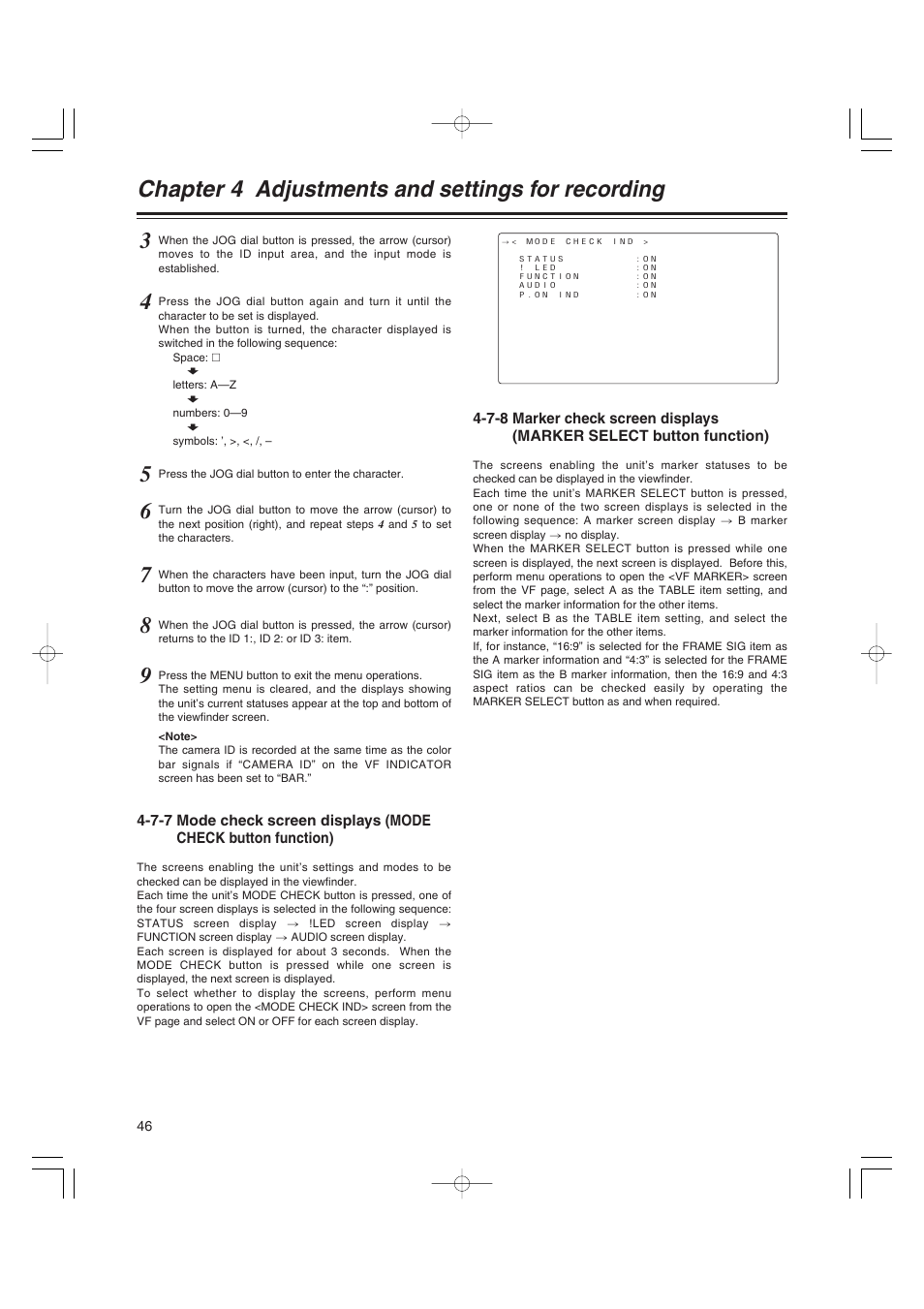 Chapter 4 adjustments and settings for recording | Anton/Bauer AJ-HDX400E User Manual | Page 46 / 102