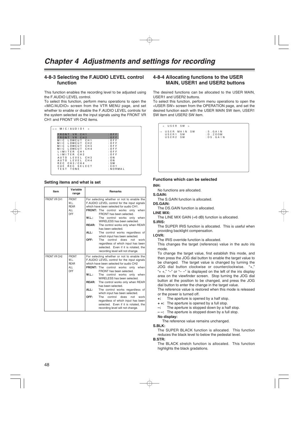 8-3 selecting the f.audio level control function, Selecting the f.audio level control function, Chapter 4 adjustments and settings for recording | Anton/Bauer AJ-HDX400E User Manual | Page 48 / 102