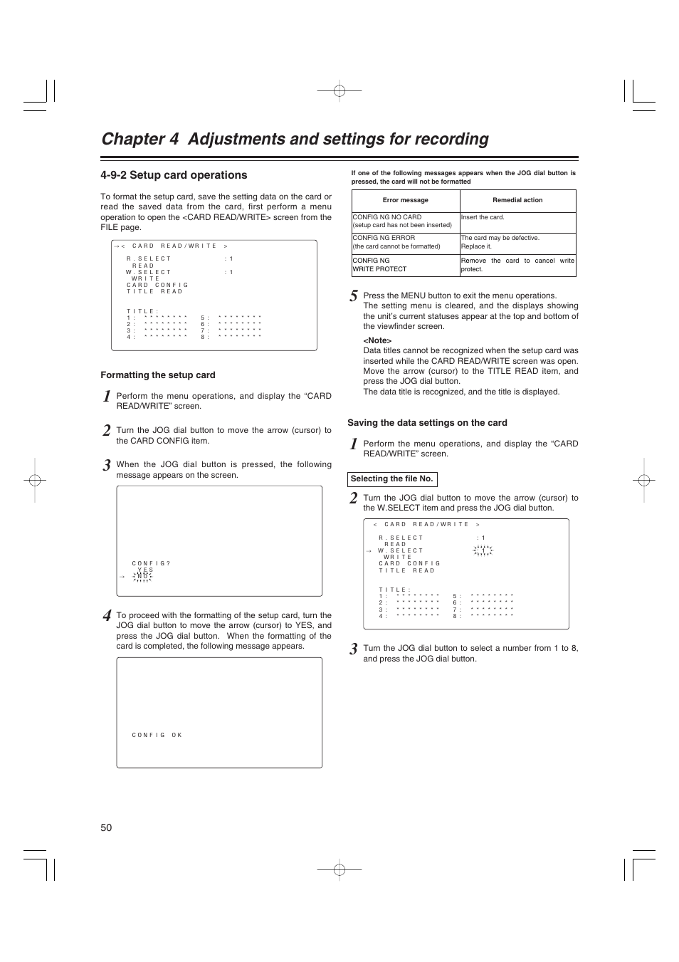 9-2 setup card operations, Setup card operations, Chapter 4 adjustments and settings for recording | Anton/Bauer AJ-HDX400E User Manual | Page 50 / 102