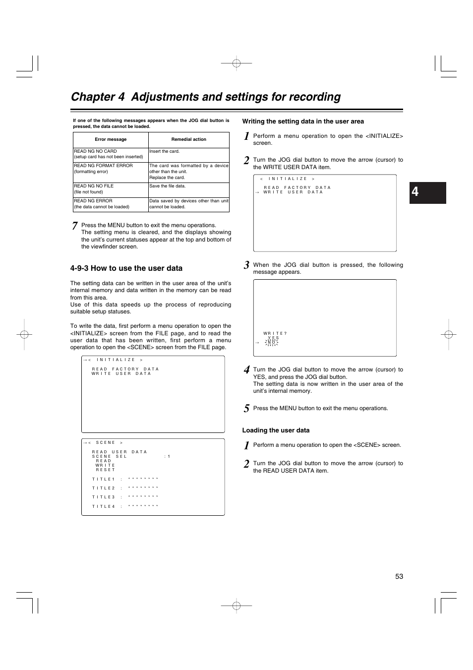 9-3 how to use the user data, How to use the user data, Chapter 4 adjustments and settings for recording | Anton/Bauer AJ-HDX400E User Manual | Page 53 / 102