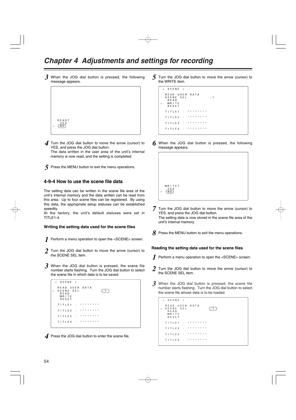 9-4 how to use the scene file data, How to use the scene file data, Chapter 4 adjustments and settings for recording | Anton/Bauer AJ-HDX400E User Manual | Page 54 / 102