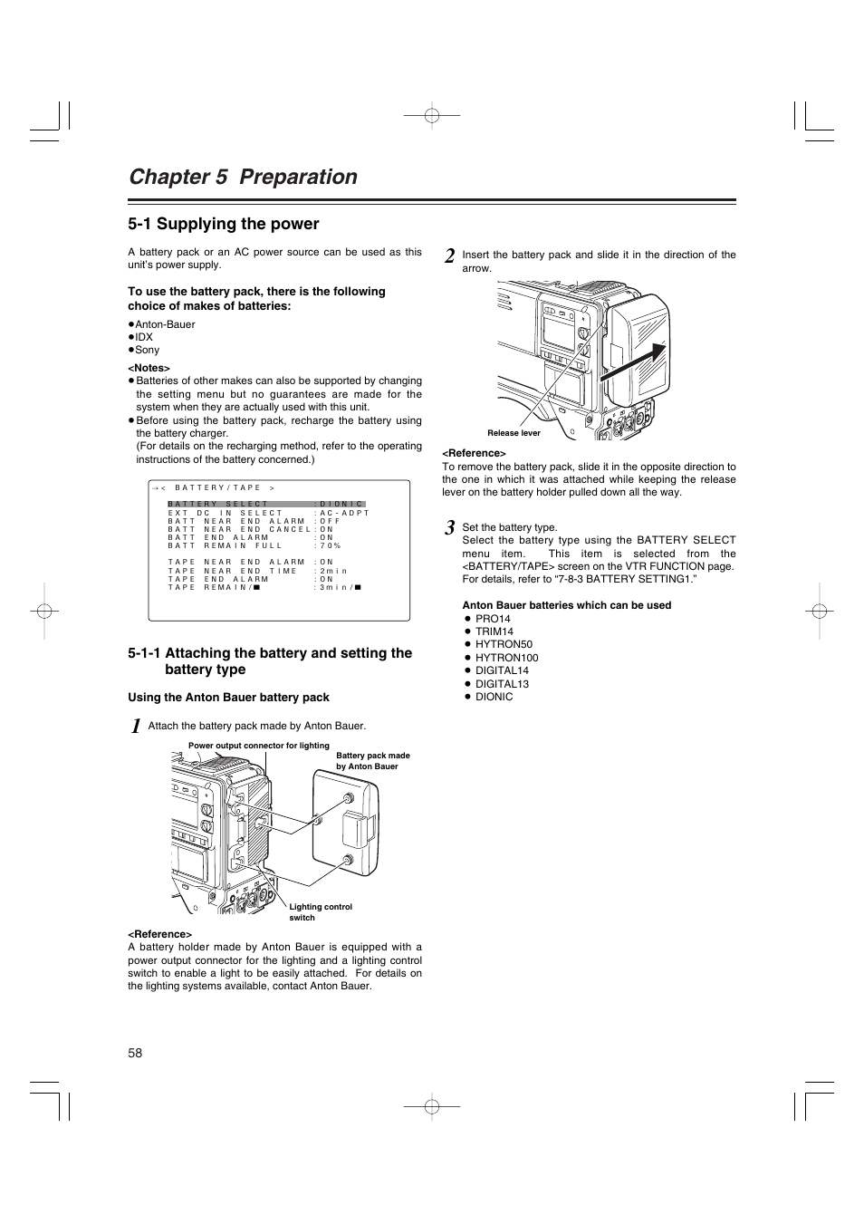 Chapter 5 preparation, 1 supplying the power, Chapter 5 | Preparation, Supplying the power, Attaching the battery and setting the battery type | Anton/Bauer AJ-HDX400E User Manual | Page 58 / 102