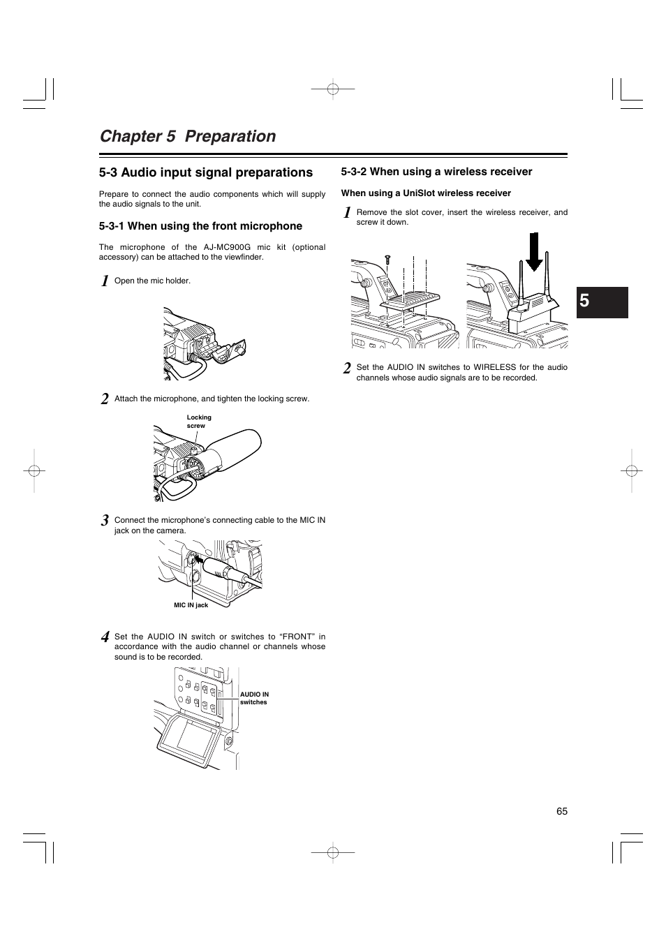 3 audio input signal preparations, 3-1 when using the front microphone, 3-2 when using a wireless receiver | Audio input signal preparations, When using the front microphone, When using a wireless receiver, Chapter 5 preparation | Anton/Bauer AJ-HDX400E User Manual | Page 65 / 102