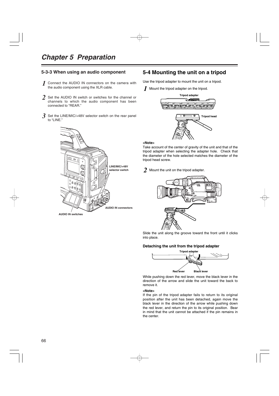 3-3 when using an audio component, 4 mounting the unit on a tripod, When using an audio component | Mounting the unit on a tripod, Chapter 5 preparation | Anton/Bauer AJ-HDX400E User Manual | Page 66 / 102