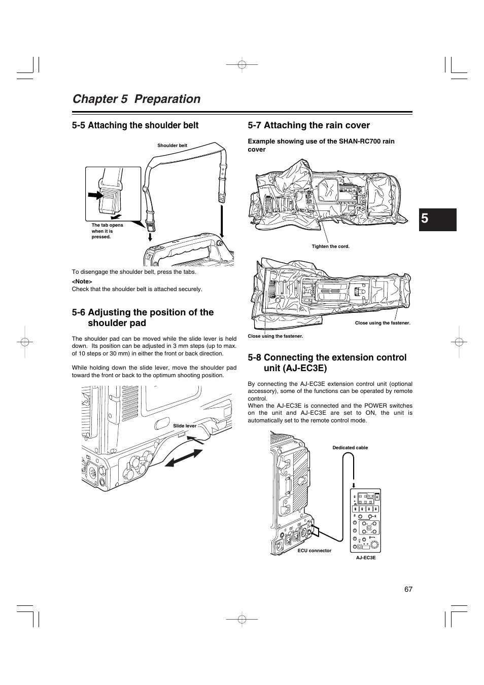 5 attaching the shoulder belt, 6 adjusting the position of the shoulder pad, 7 attaching the rain cover | 8 connecting the extension control unit (aj-ec3e), Attaching the shoulder belt, Adjusting the position of the shoulder pad, Attaching the rain cover, Connecting the extension control unit (aj-ec3e), Chapter 5 preparation | Anton/Bauer AJ-HDX400E User Manual | Page 67 / 102