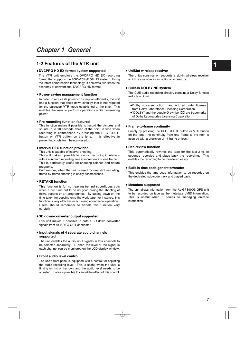 2 features of the vtr unit, Features of the vtr unit, Chapter 1 general | Anton/Bauer AJ-HDX400E User Manual | Page 7 / 102