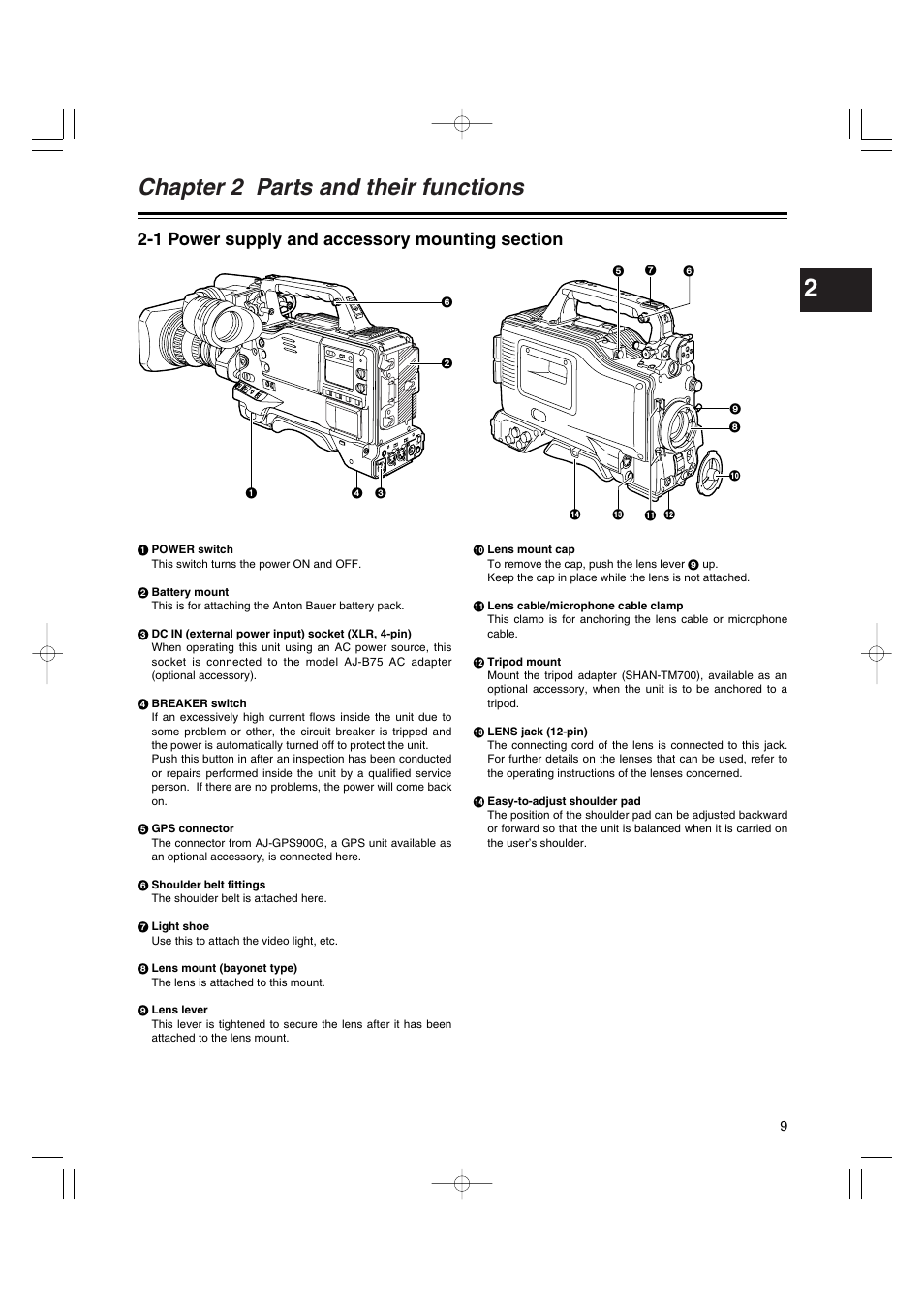 Chapter 2 parts and their functions, 1 power supply and accessory mounting section, Chapter 2 | Parts and their functions, Power supply and accessory mounting section | Anton/Bauer AJ-HDX400E User Manual | Page 9 / 102